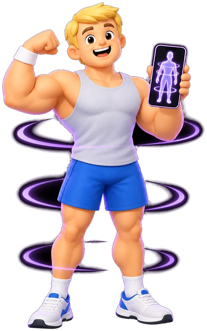 rep.ai mascot standing in an AI body scan with glowing scan rings