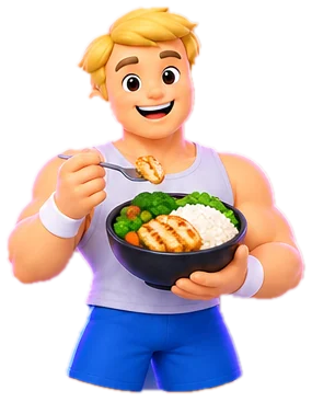 rep.ai coach mascot eating a high-protein meal bowl